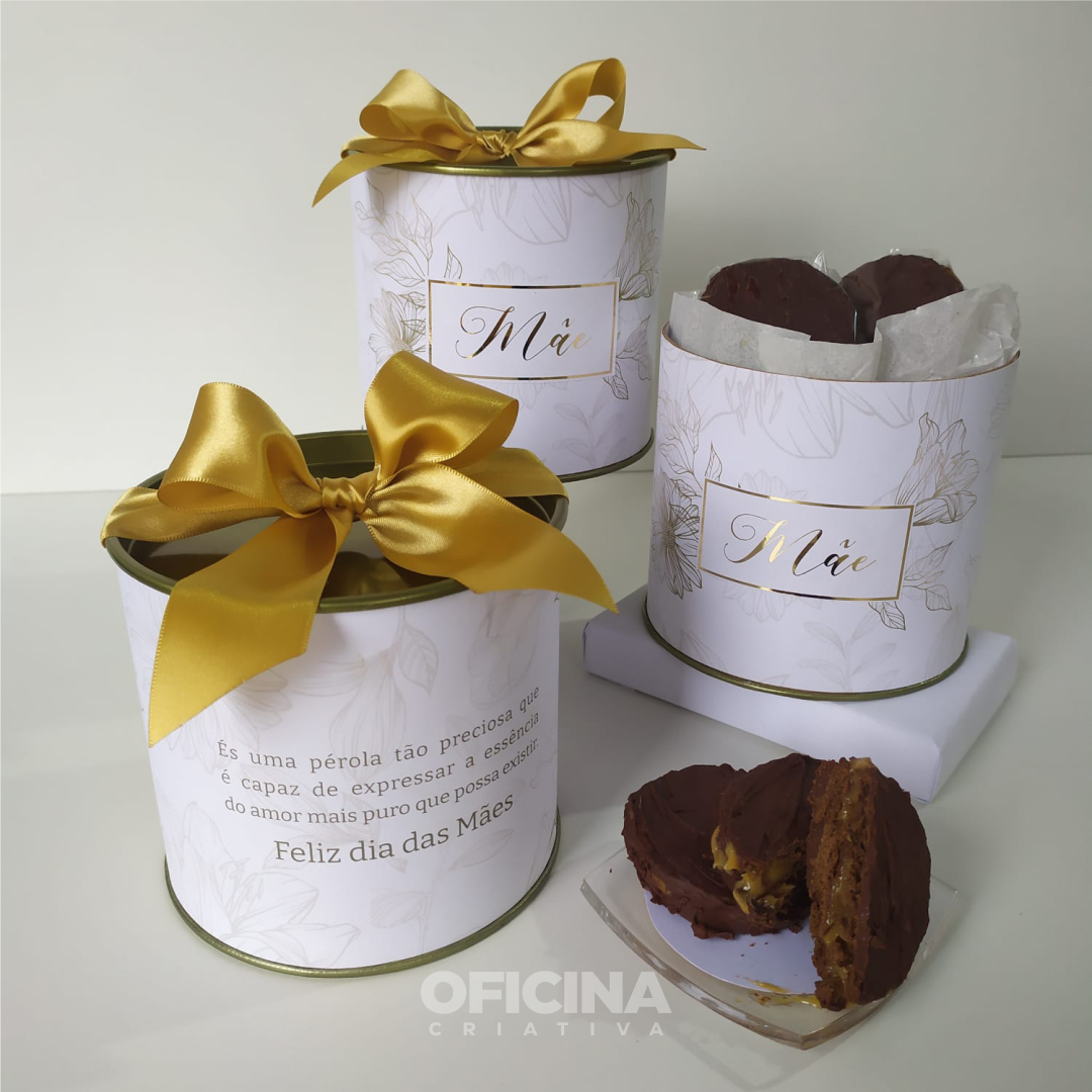Oficina Criativa lata de presente personalizado dia das mães com alfajor