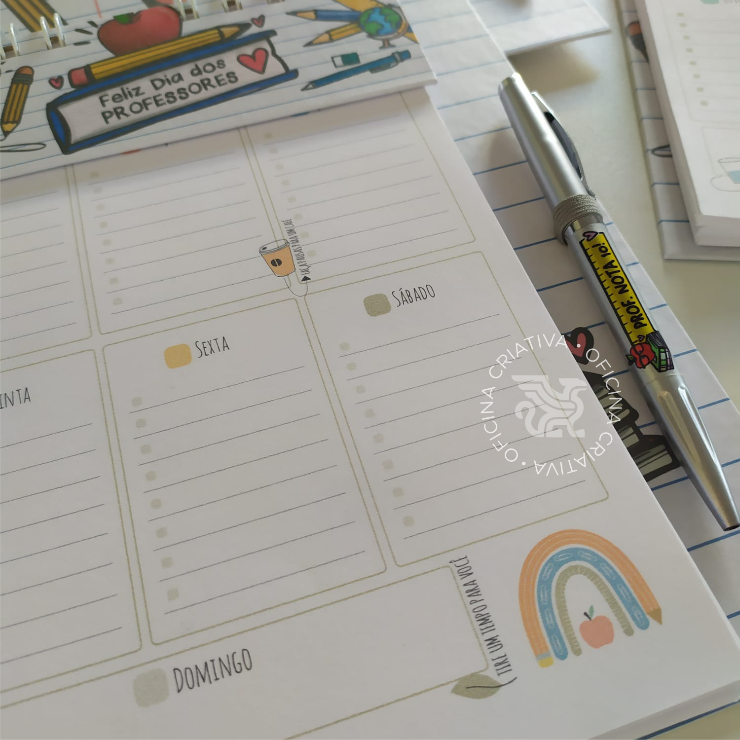 Oficina Criativa presente personalizado dia dos professores brinde planejador semanal
