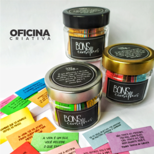 Oficina Criativa pote com mensagens motivacionais no vidro