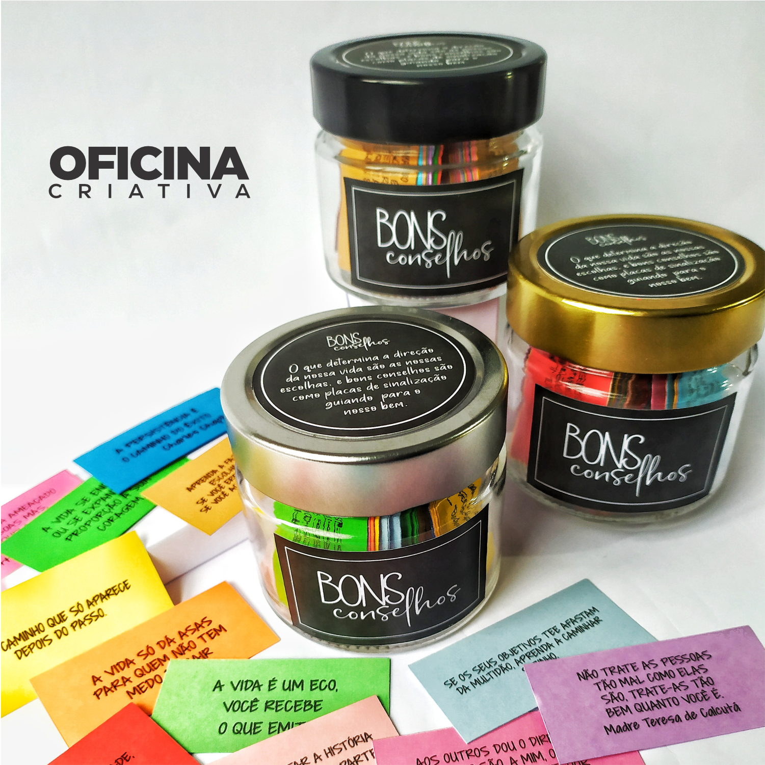 Oficina Criativa pote com mensagens motivacionais no vidro